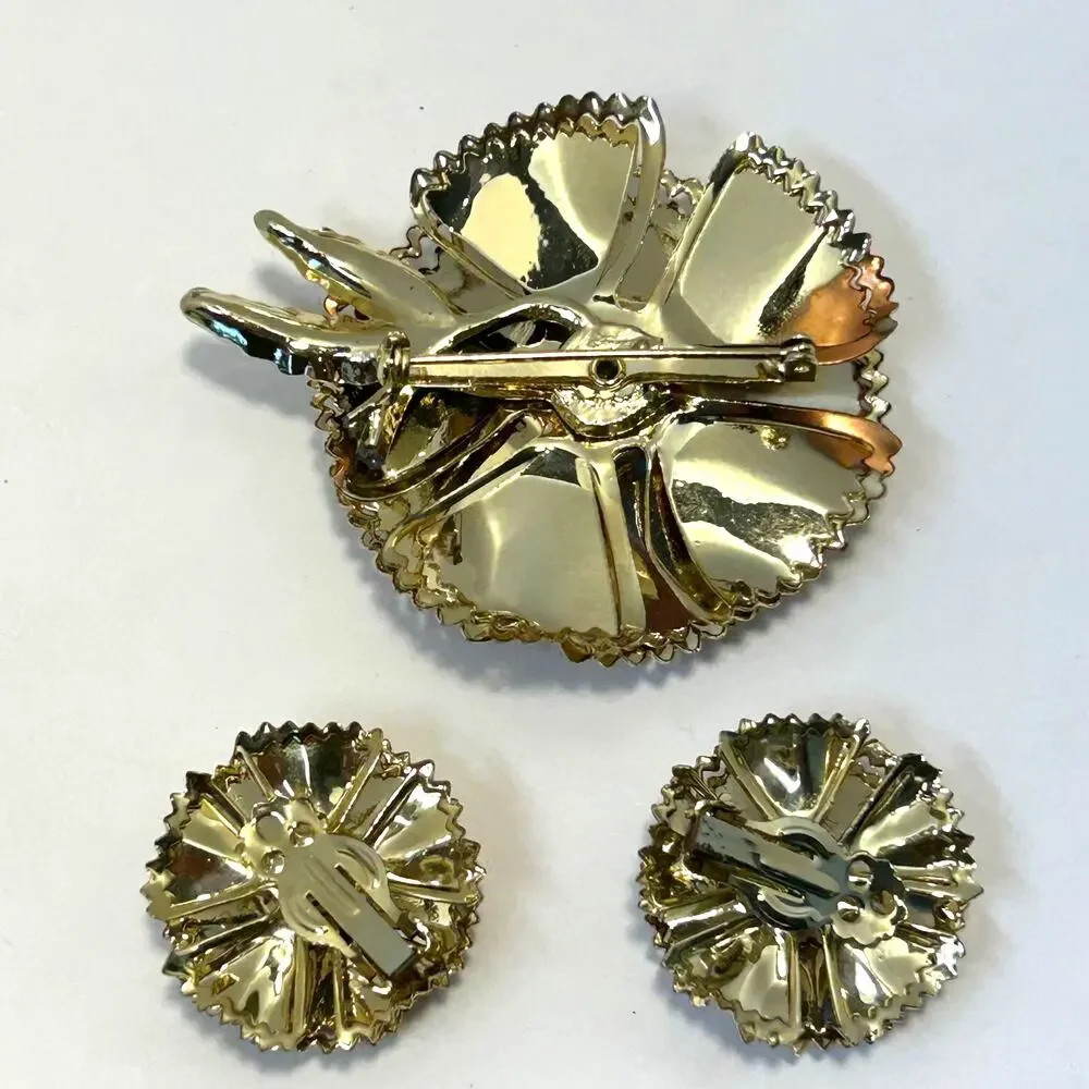 Vintage‎ 60's Gold Plated Ruffle Petal Flower Brooch Earrings Set